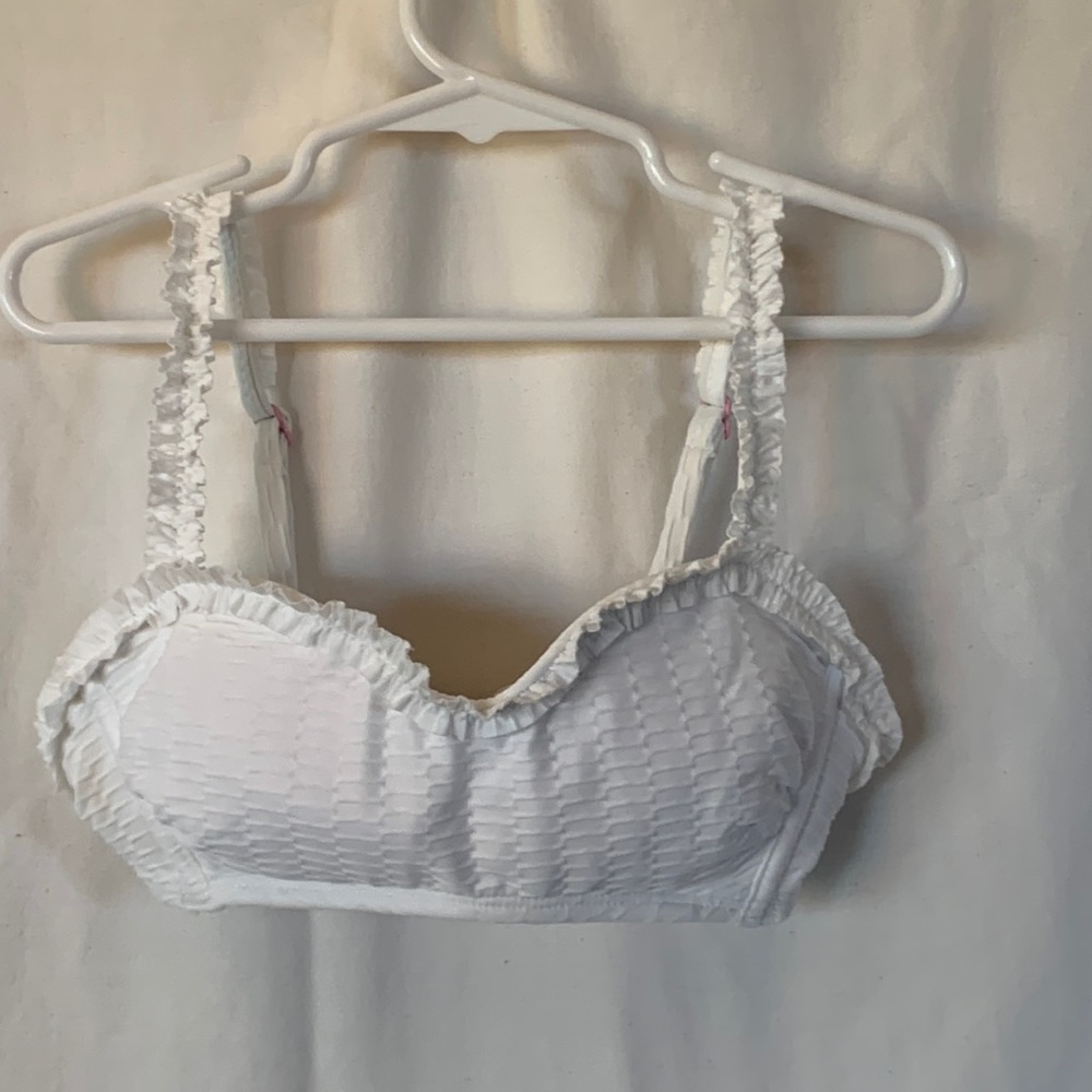 Stoney Clover XXS white swim top with ruffle and adjustable straps, metal clasp